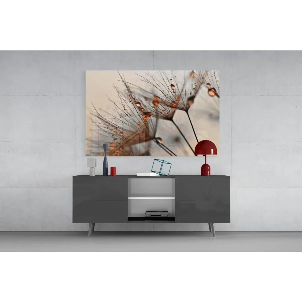 Modern red dome lamp on gray console with Amber Dewdrop wall art