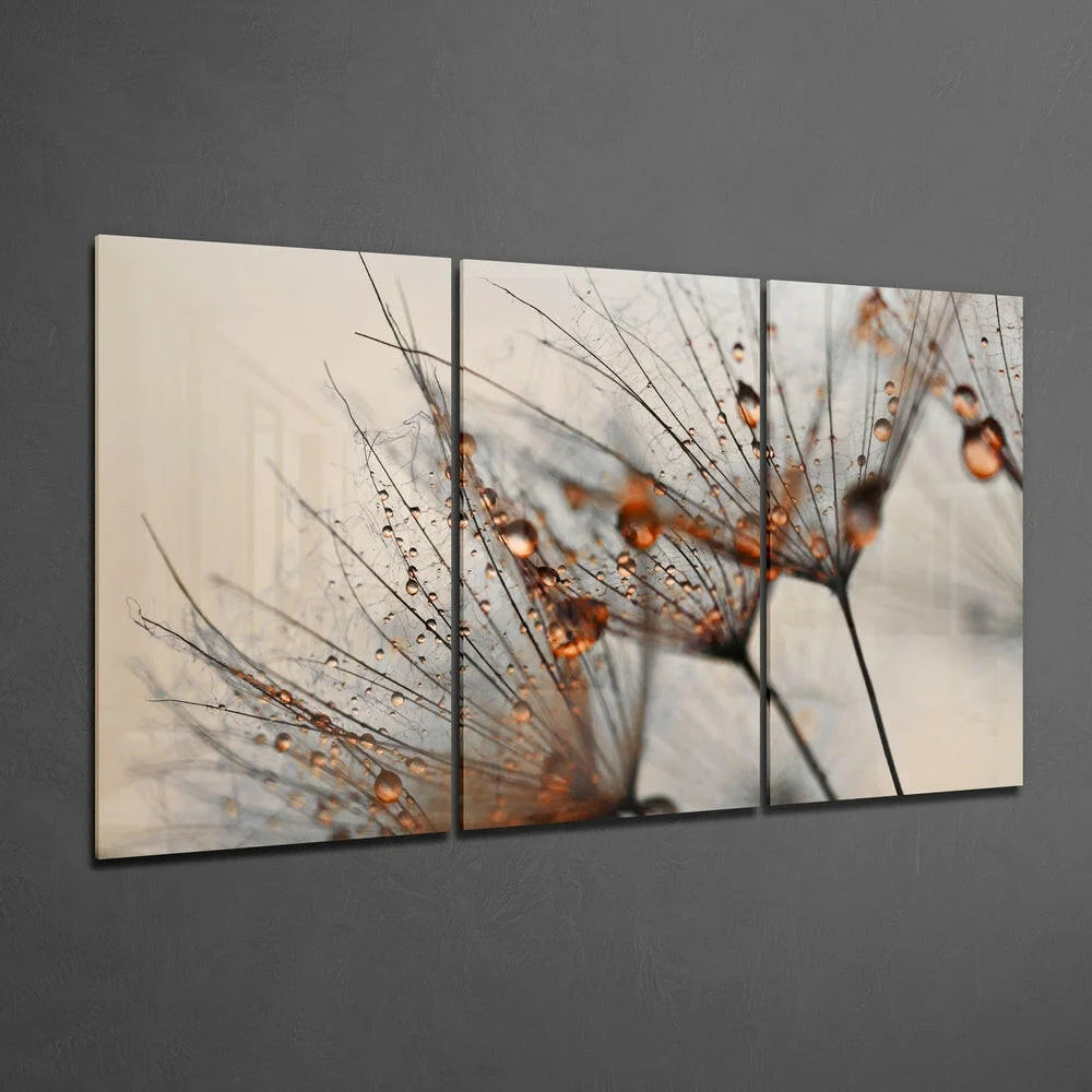 Amber Dewdrop Dandelion wall art triptych canvas set with dewdrops