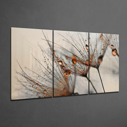 Amber Dewdrop Dandelion wall art triptych canvas set with dewdrops