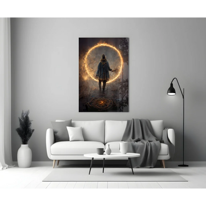 Mystical portal glass wall art with glowing fire ring figure in dark clothing