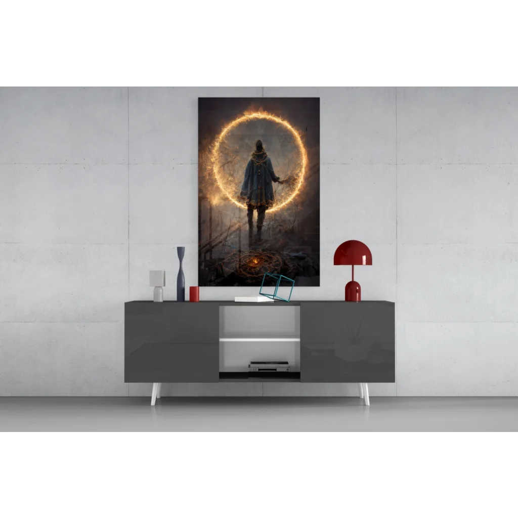 Mystical portal glass wall art of cloaked figure before glowing fire ring
