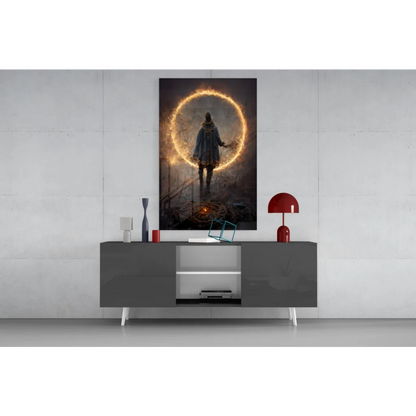 Mystical portal glass wall art of cloaked figure before glowing fire ring