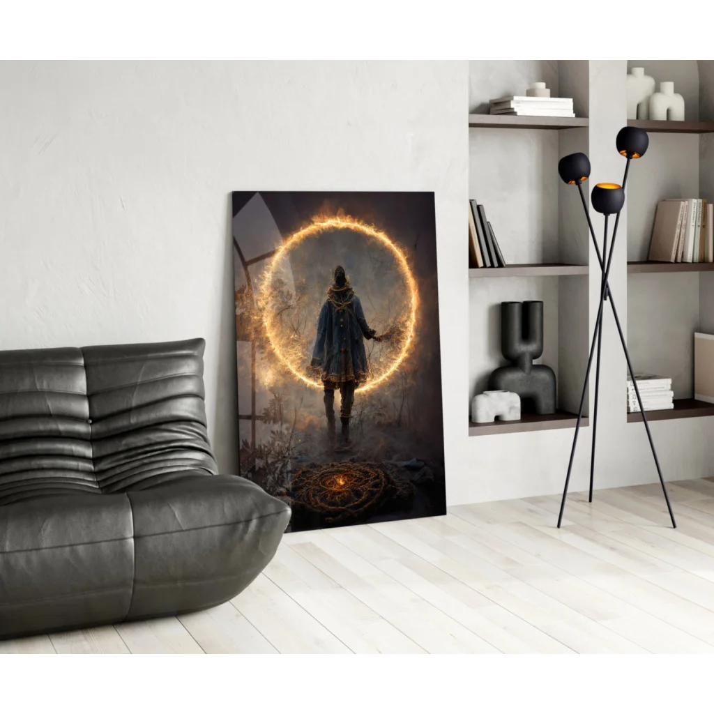 Mystical hooded figure before glowing golden portal on glass wall art
