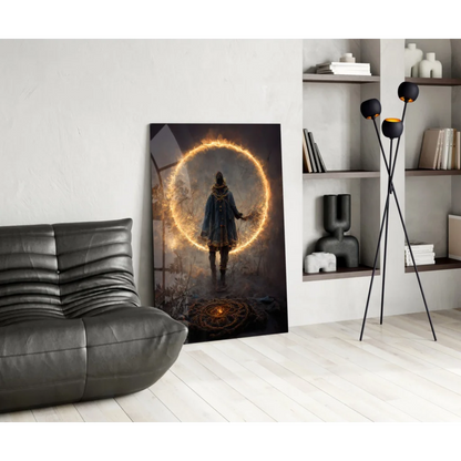 Mystical hooded figure before glowing golden portal on glass wall art