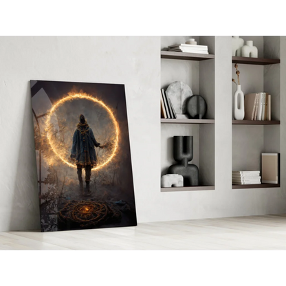 Dark figure before glowing orange portal in mystical glass wall art