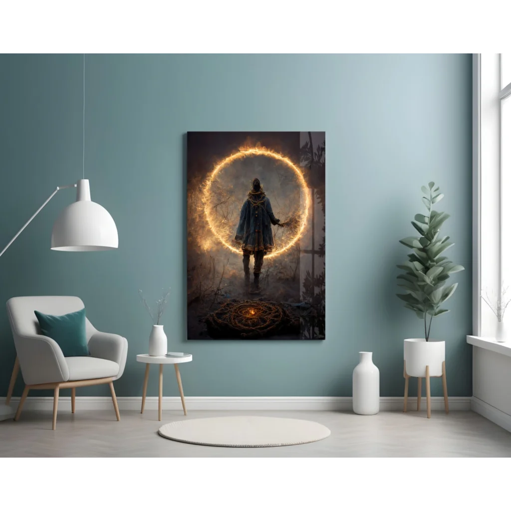 Mystical portal glass wall art with glowing fire ring and dark figure