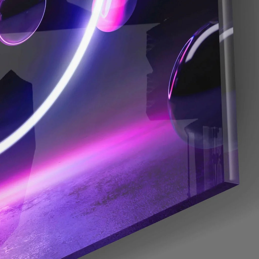 Sleek neon purple bubble glass wall art with glowing white pink curves
