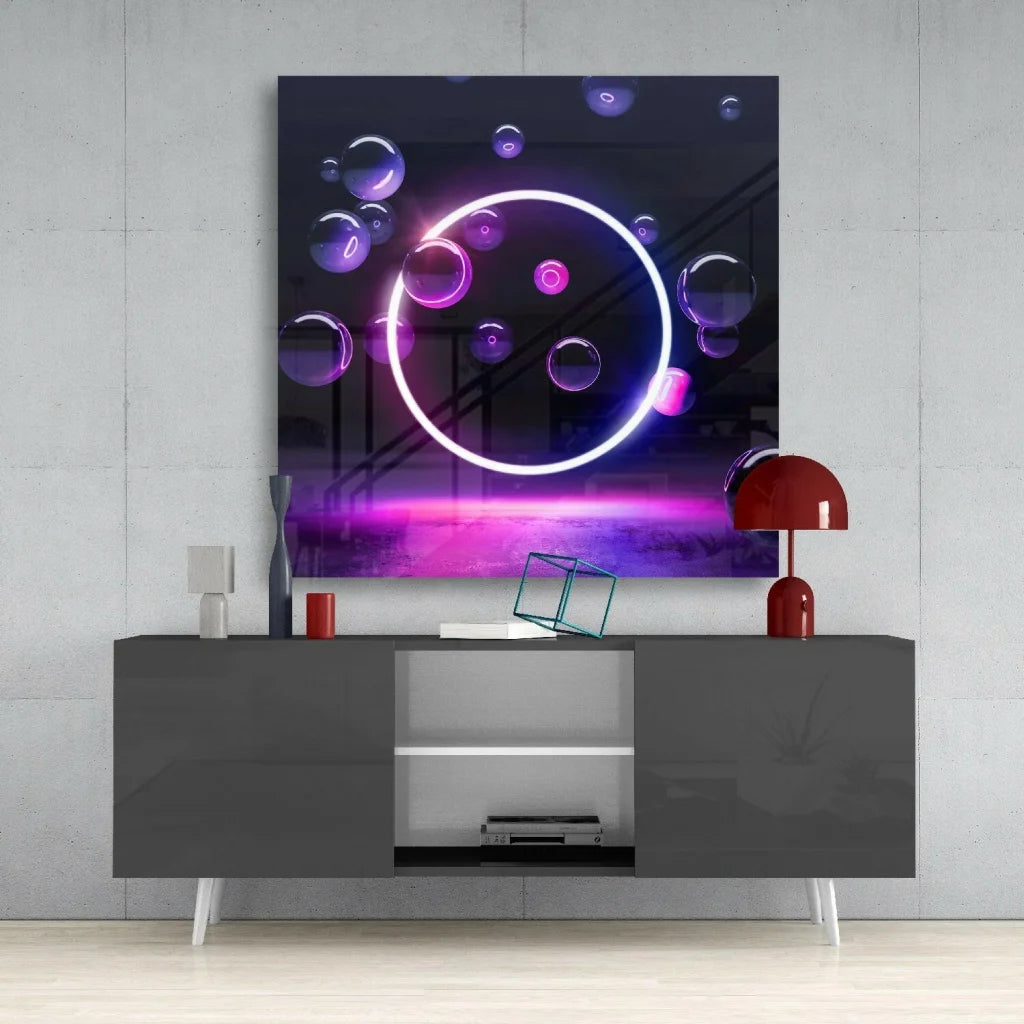 Neon purple bubble glass wall art panel over gray console