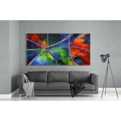 Vibrant swirling colors abstract triptych wall art with bold red blue green orange swirls