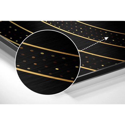 Premium brushed aluminium dibond wall art with black textured surface, gold stripes, and metallic dots