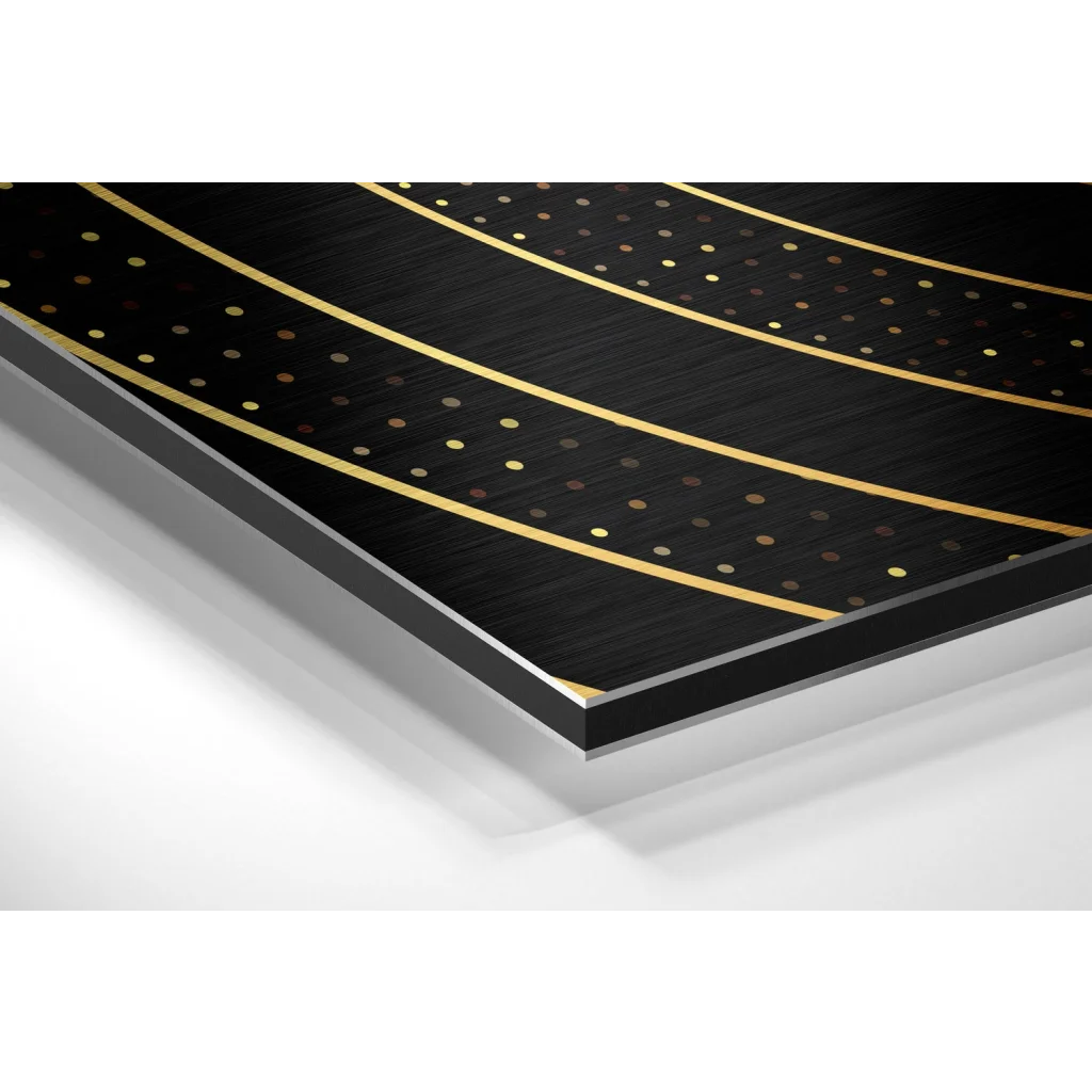 Premium brushed aluminium dibond wall art with black metal frame and gold accents
