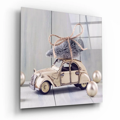 Vintage Citroën glass wall art ornament with toy car and frosted pine tree