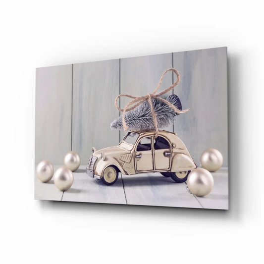 Vintage Christmas car with tree wall art canvas print