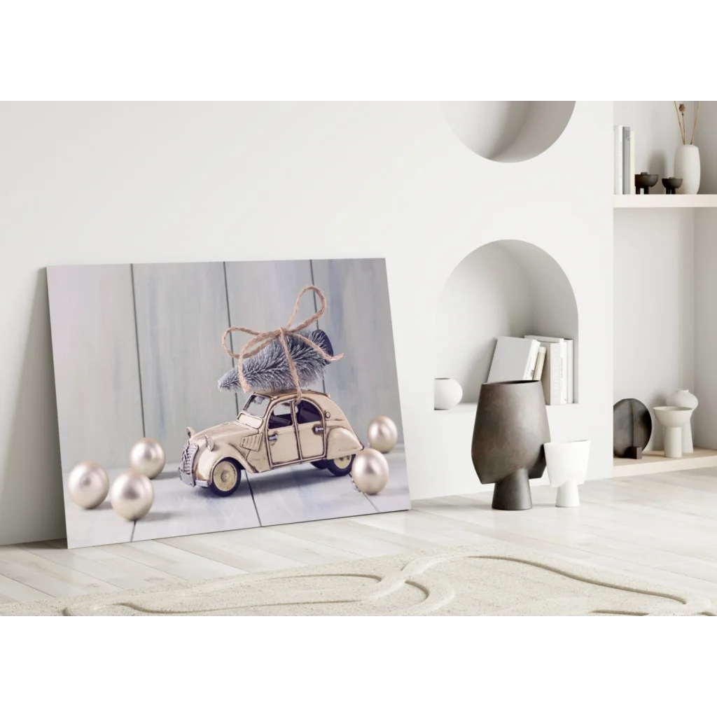 Vintage Christmas car wall art canvas print with tree on roof