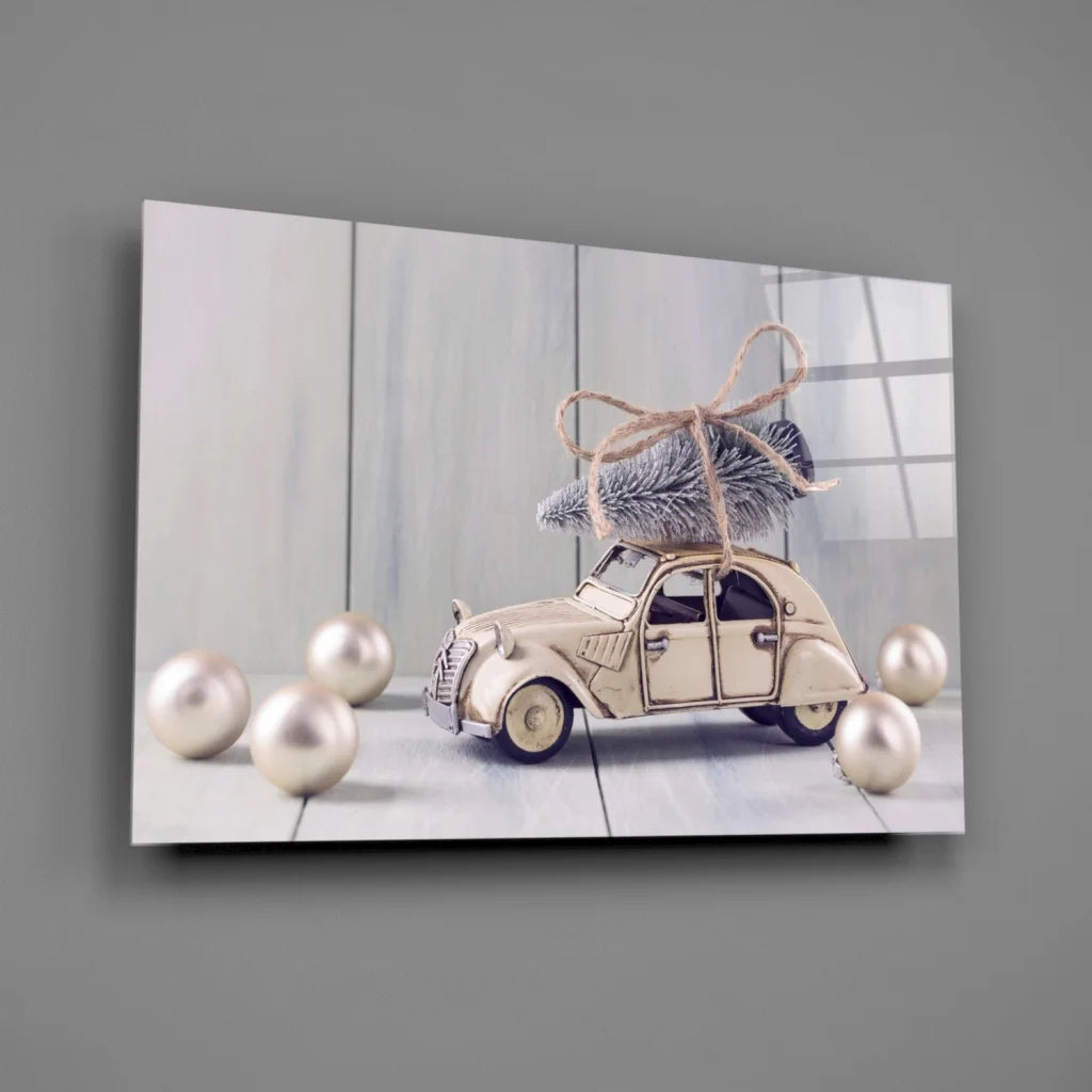 Beige vintage toy car with tree on wall art canvas print