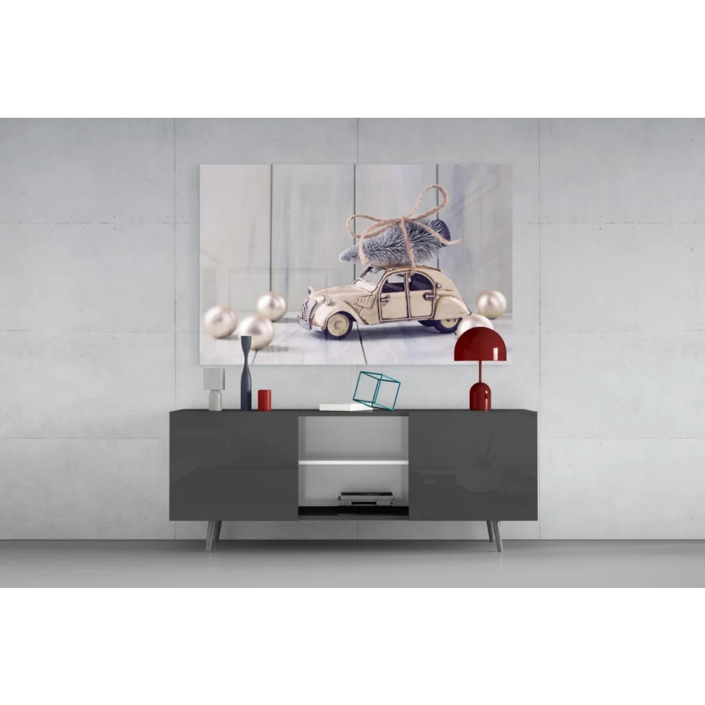 Beige vintage car with Christmas tree on roof, minimalist wall art canvas print