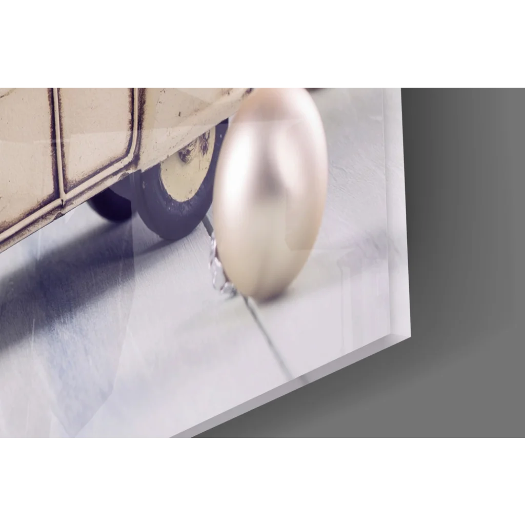 Glossy pearlescent white sphere on vintage Christmas car tree glass wall art