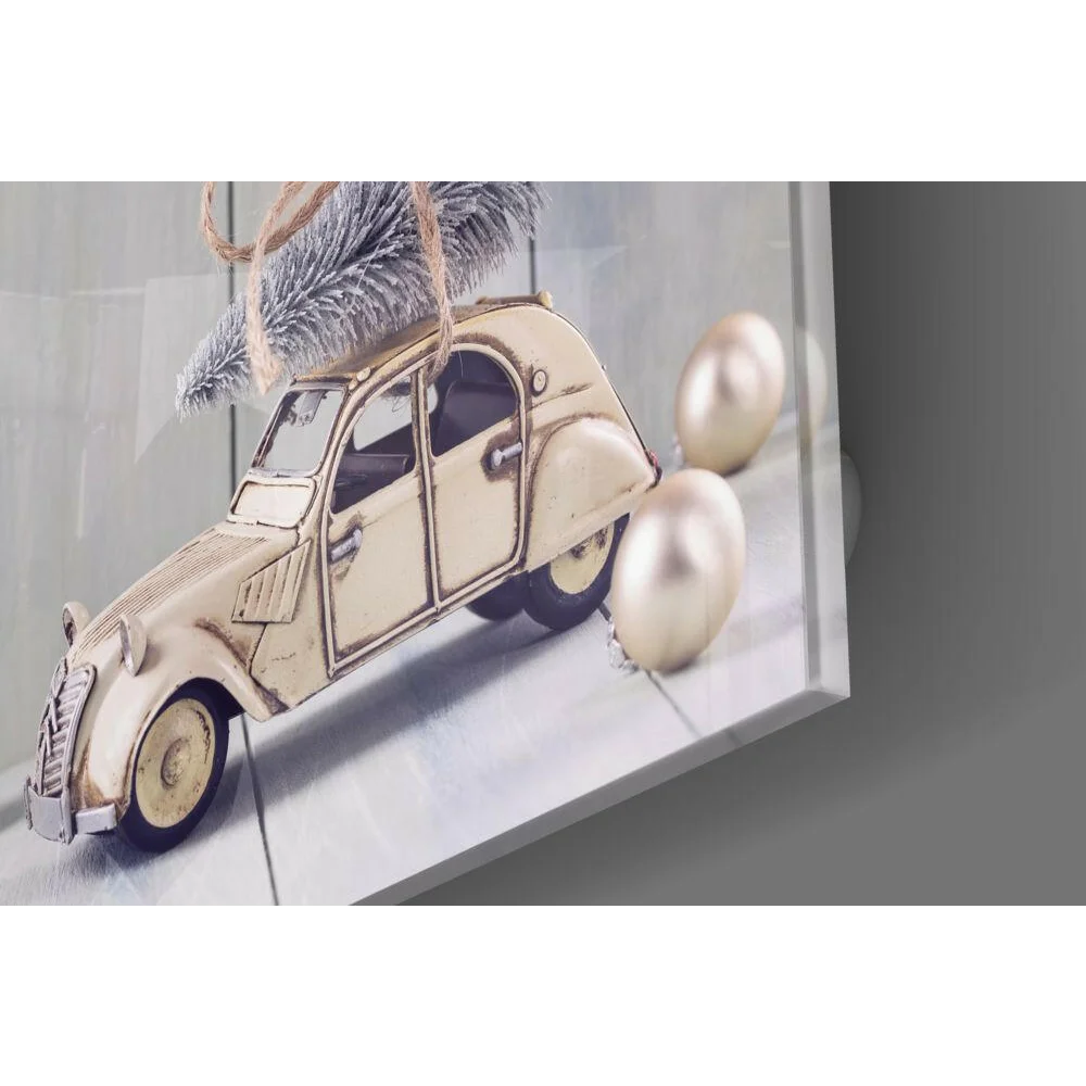 Vintage Citroën 2CV glass wall art ornament with frosted pine tree