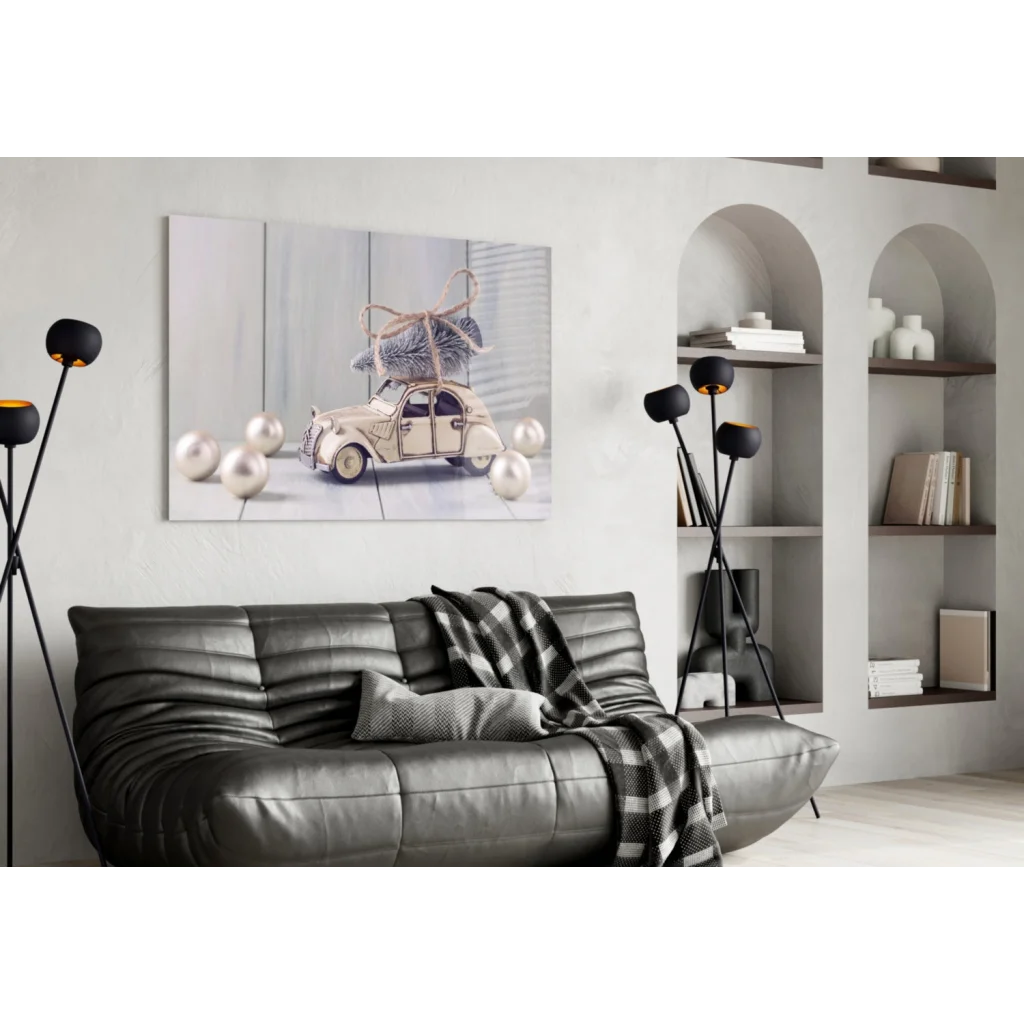 Vintage Christmas car with tree on beige canvas wall art print