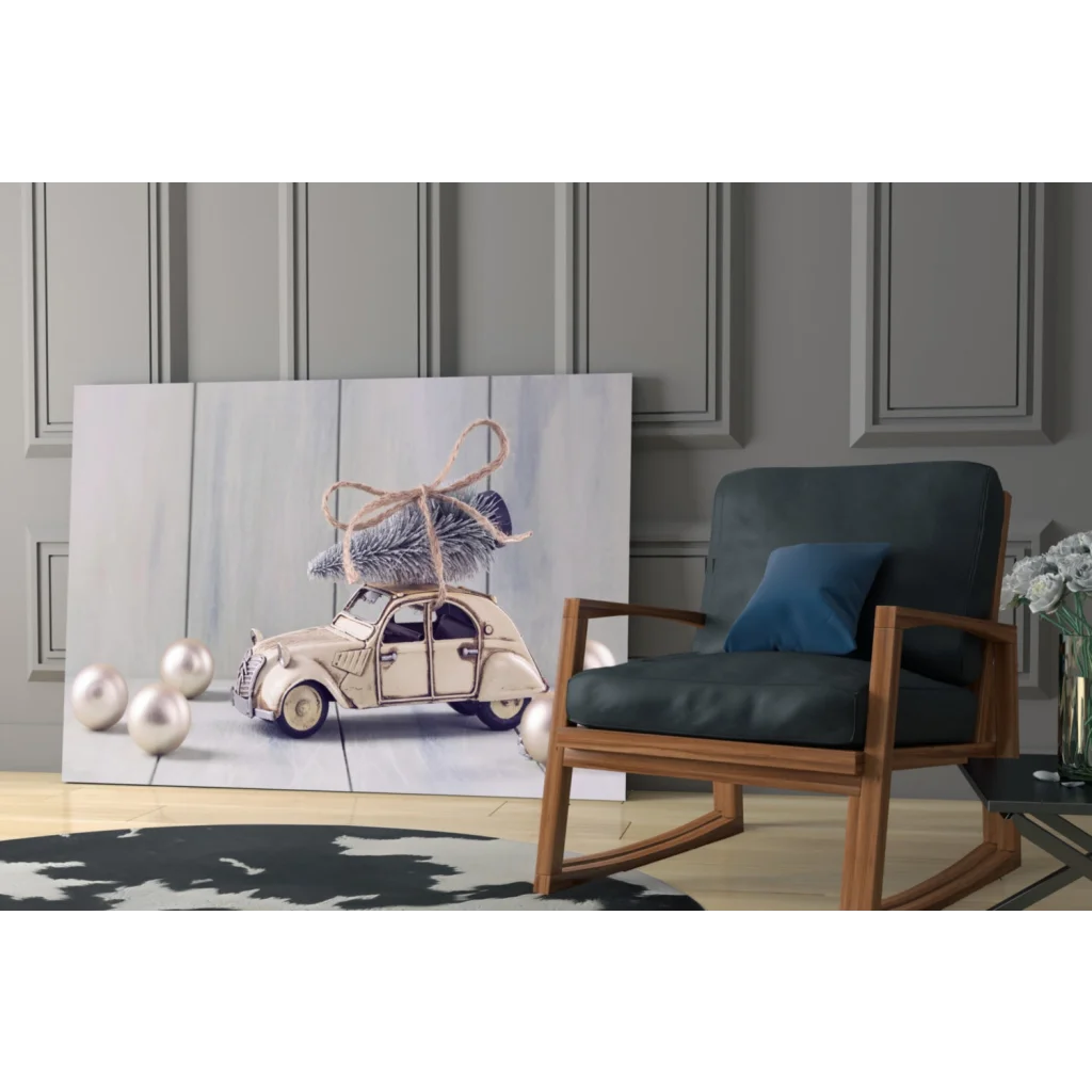 Beige vintage car with Christmas tree on roof, canvas wall art print