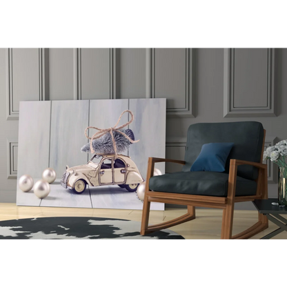 Beige vintage car with Christmas tree on roof, canvas wall art print