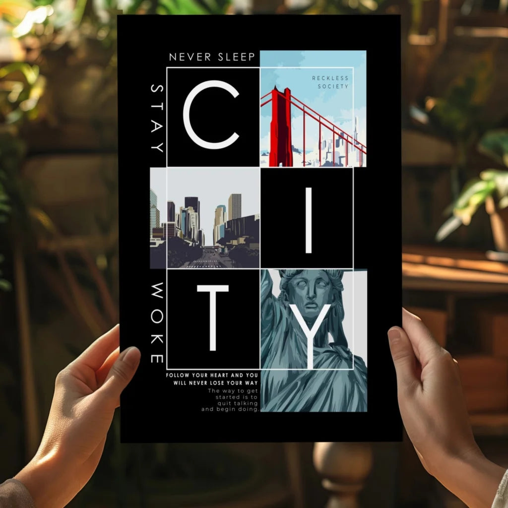 Insigne aluminum prints city collage wall art with stay woke poster