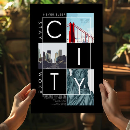 Insigne aluminum prints city collage wall art with stay woke poster