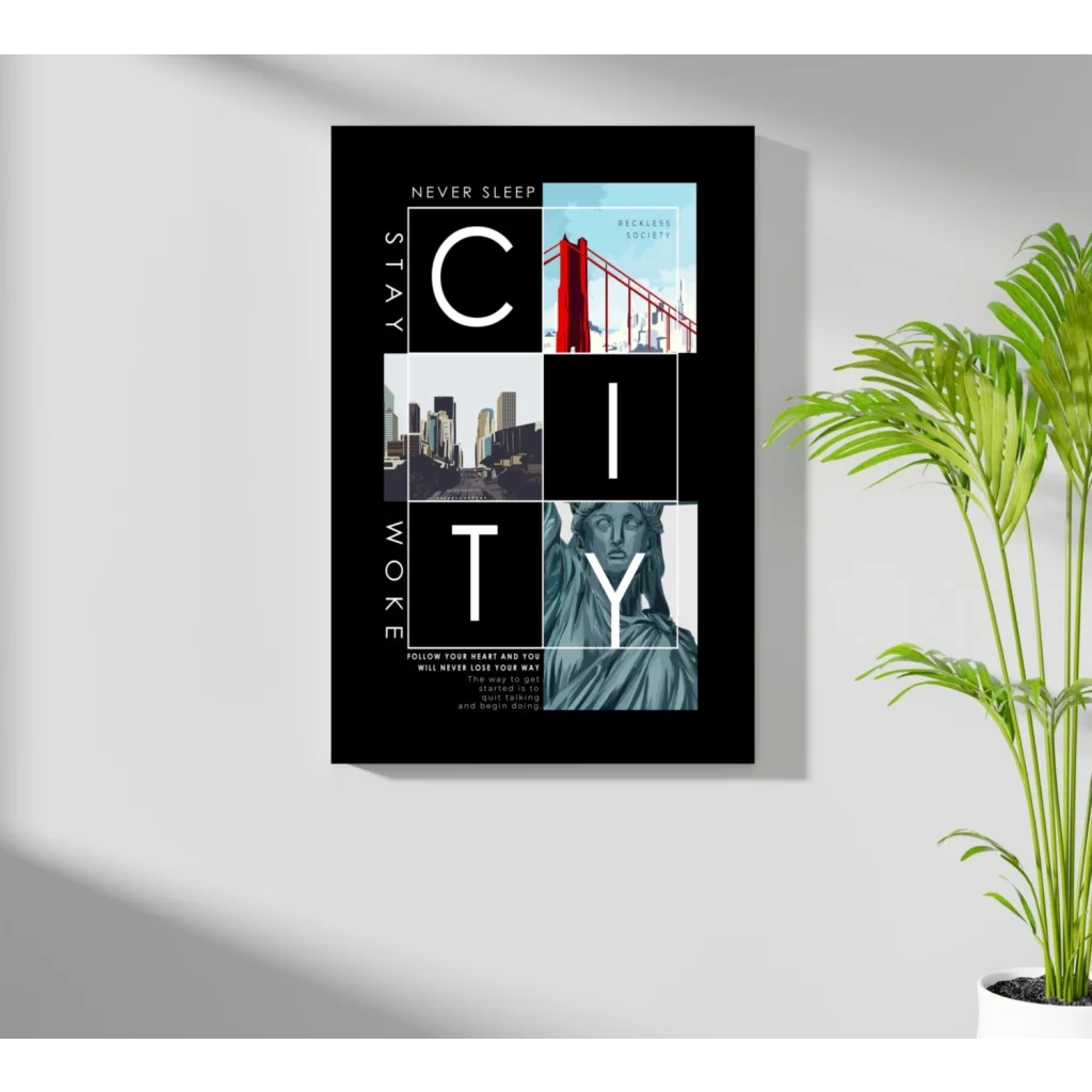 Insigne aluminum prints city collage with bold white city letters and iconic views