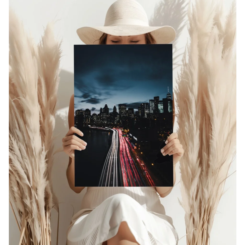 Insigne aluminum prints of nighttime city traffic light trails on riverfront