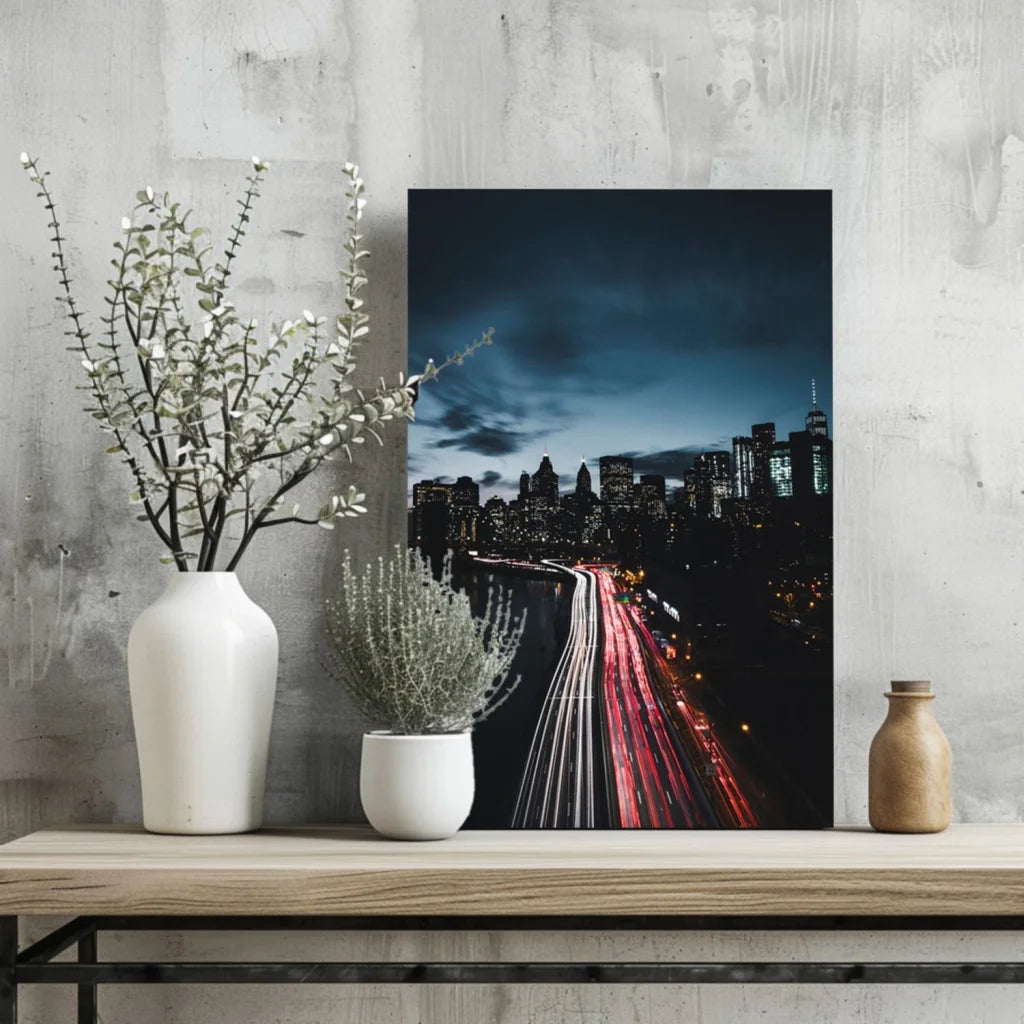 Insigne aluminum prints: nighttime city traffic light trails on canvas
