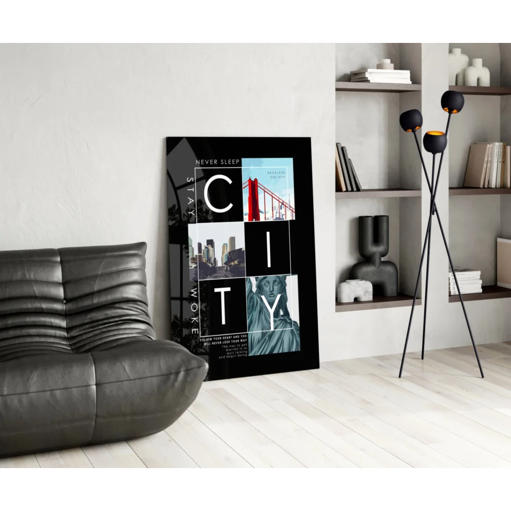 Modern glass wall art print of city collage with Golden Gate Bridge and Statue of Liberty