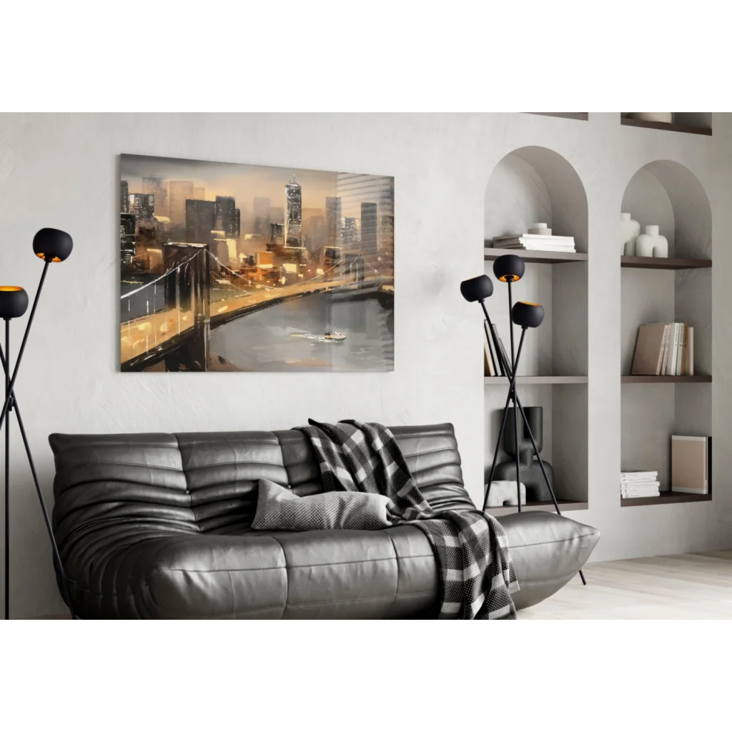 Golden Cityscape Canvas Wall Art with Glowing Bridge at Dusk | Contemporary Home Wall Art | vintageantiquesgifts.com