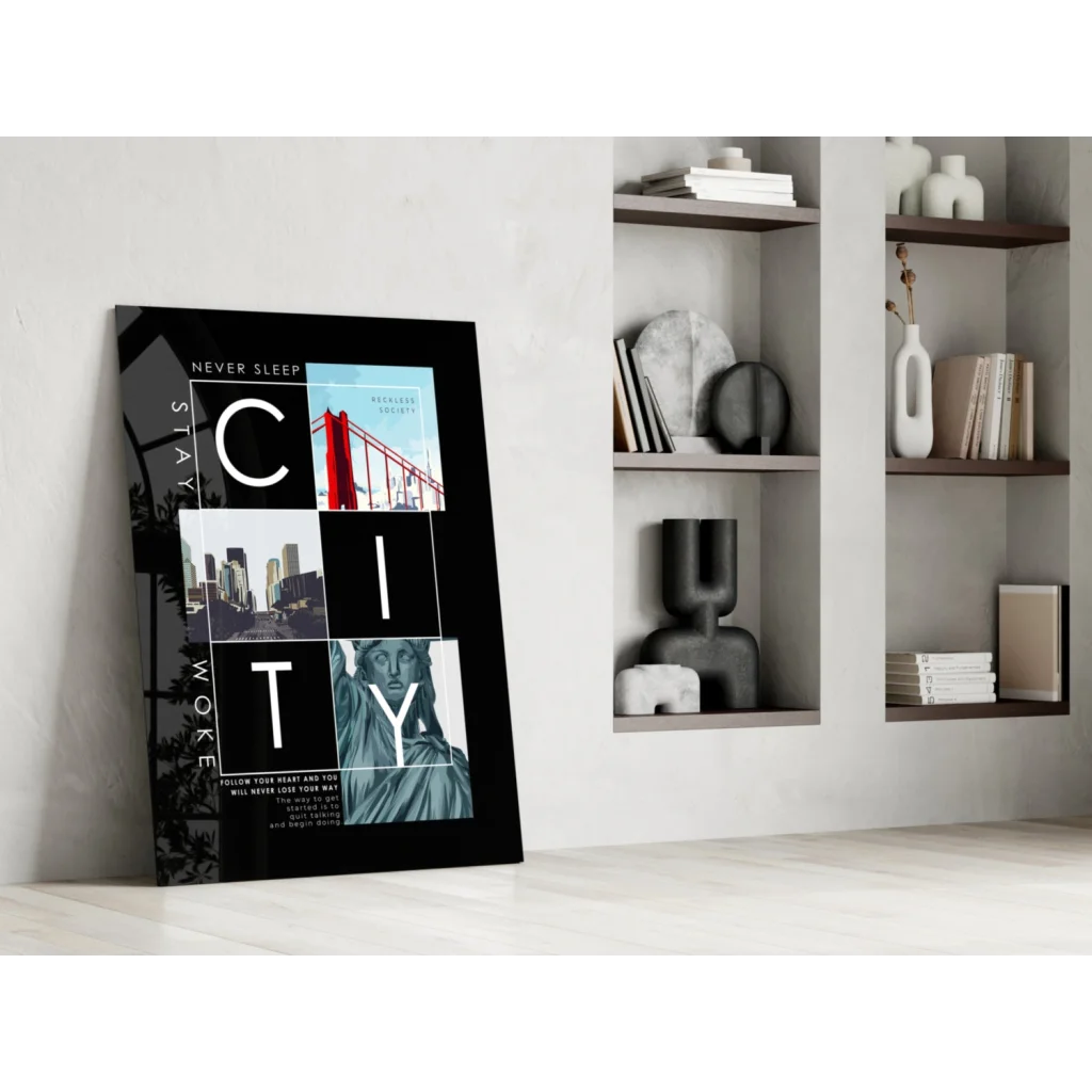 Black framed glass wall art print with city collage and text