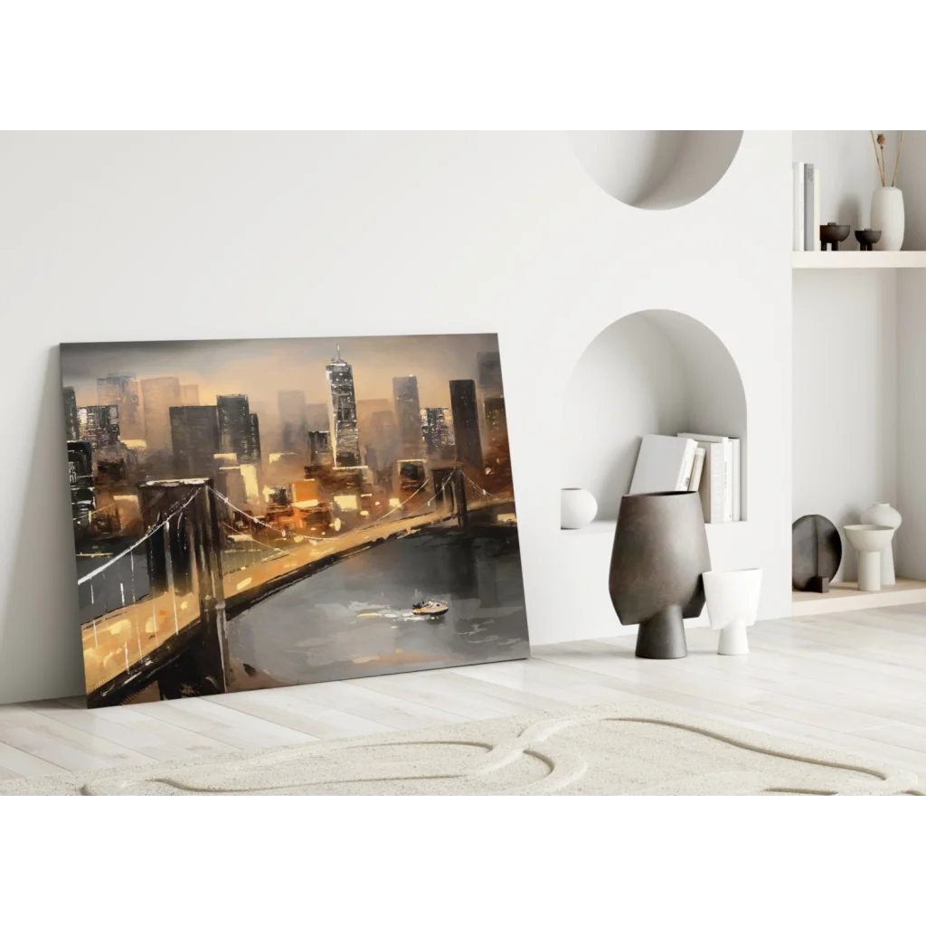 Golden Cityscape Canvas Wall Art with Glowing Bridge at Dusk | Modern Wall Art Decor | vintageantiquesgifts.com