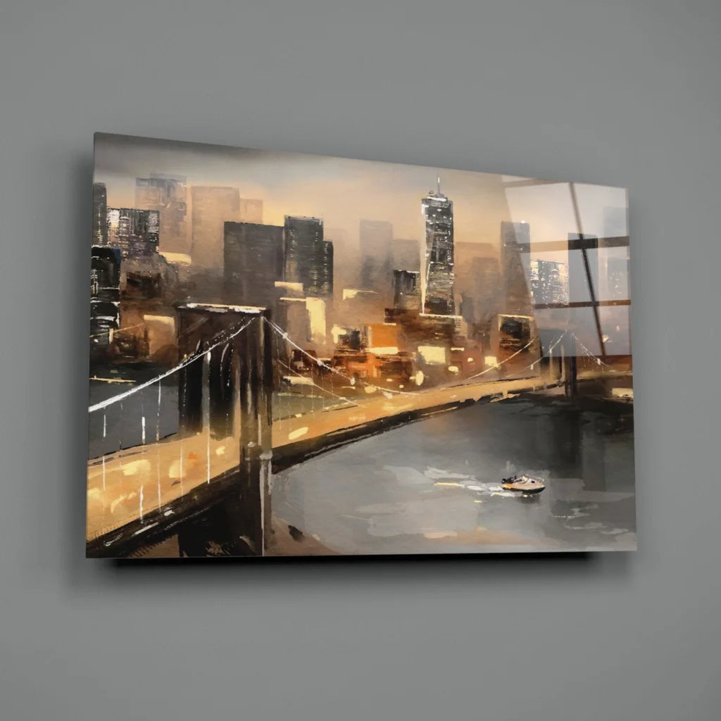 Golden Cityscape Canvas Wall Art with Glowing Bridge at Dusk | Glass Wall Art Print | vintageantiquesgifts.com