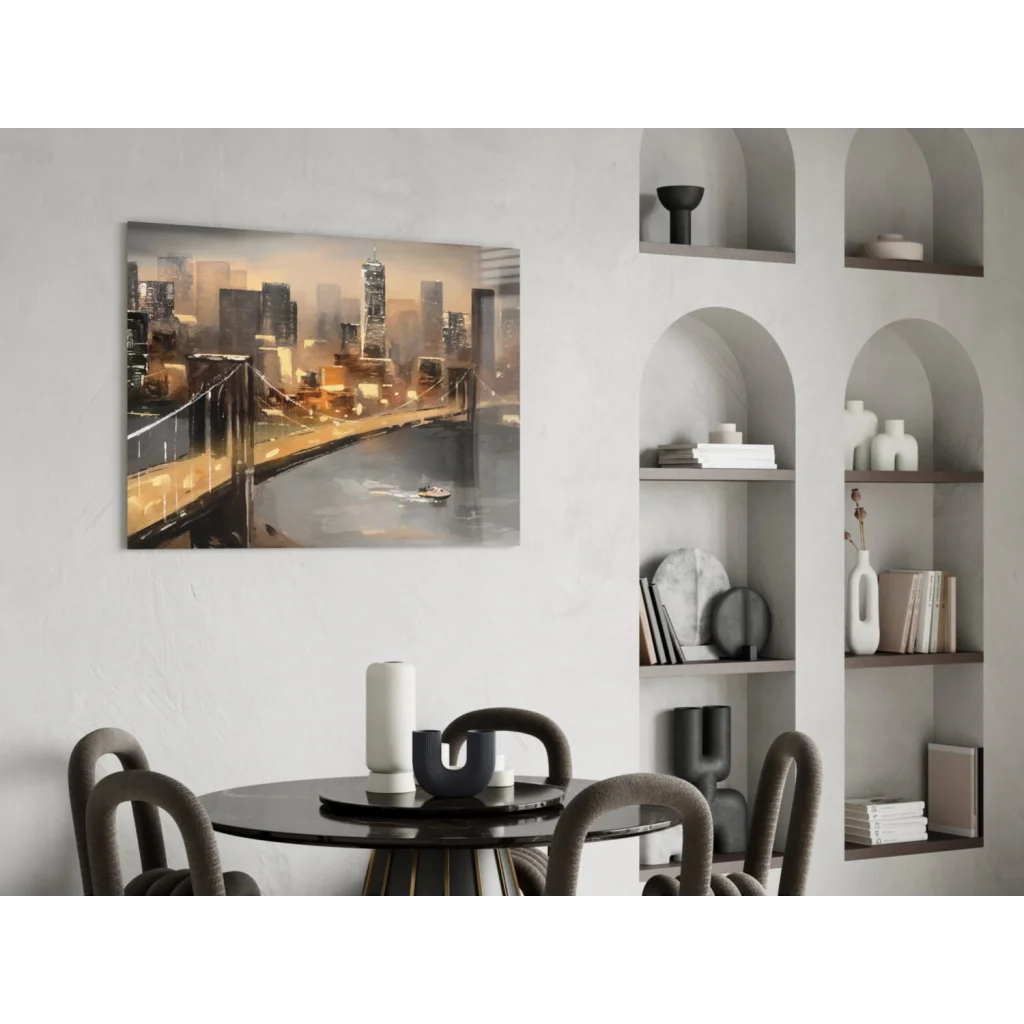 Golden cityscape canvas wall art with glowing bridge at dusk on white wall