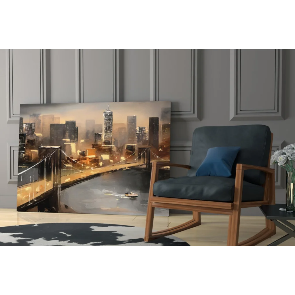 Golden dusk cityscape canvas wall art with glowing bridge