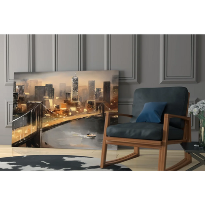 Golden dusk cityscape canvas wall art with glowing bridge