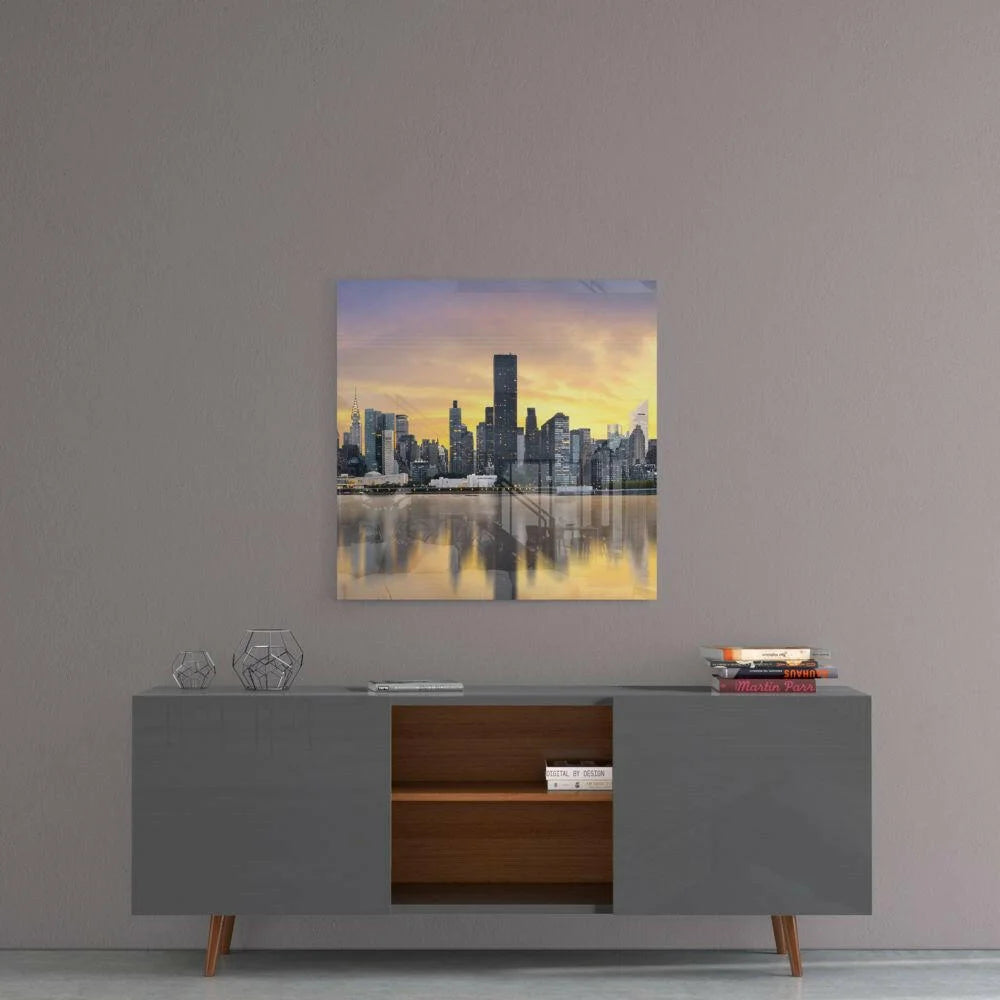 Stunning sunset skyline glass wall art with golden reflections