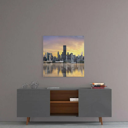Stunning sunset skyline glass wall art with golden reflections