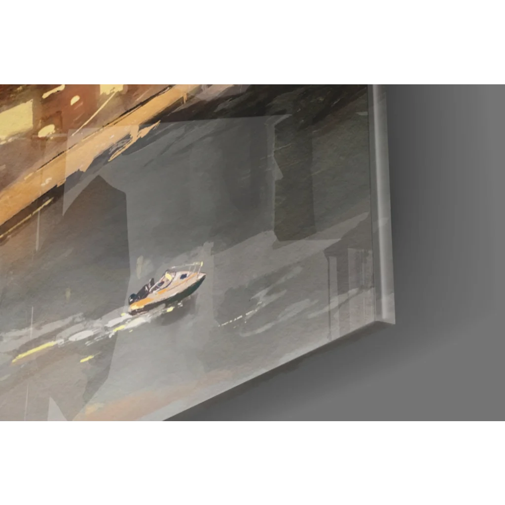 Sleek glass wall art of speedboat under glowing urban bridge at dusk