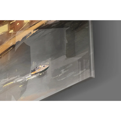 Sleek glass wall art of speedboat under glowing urban bridge at dusk