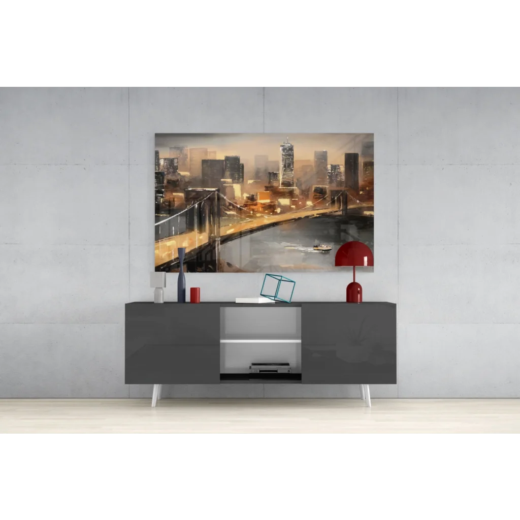 Red dome table lamp with glossy finish on Golden Cityscape wall art