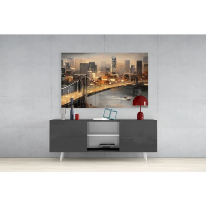 Red dome table lamp with glossy finish on Golden Cityscape wall art