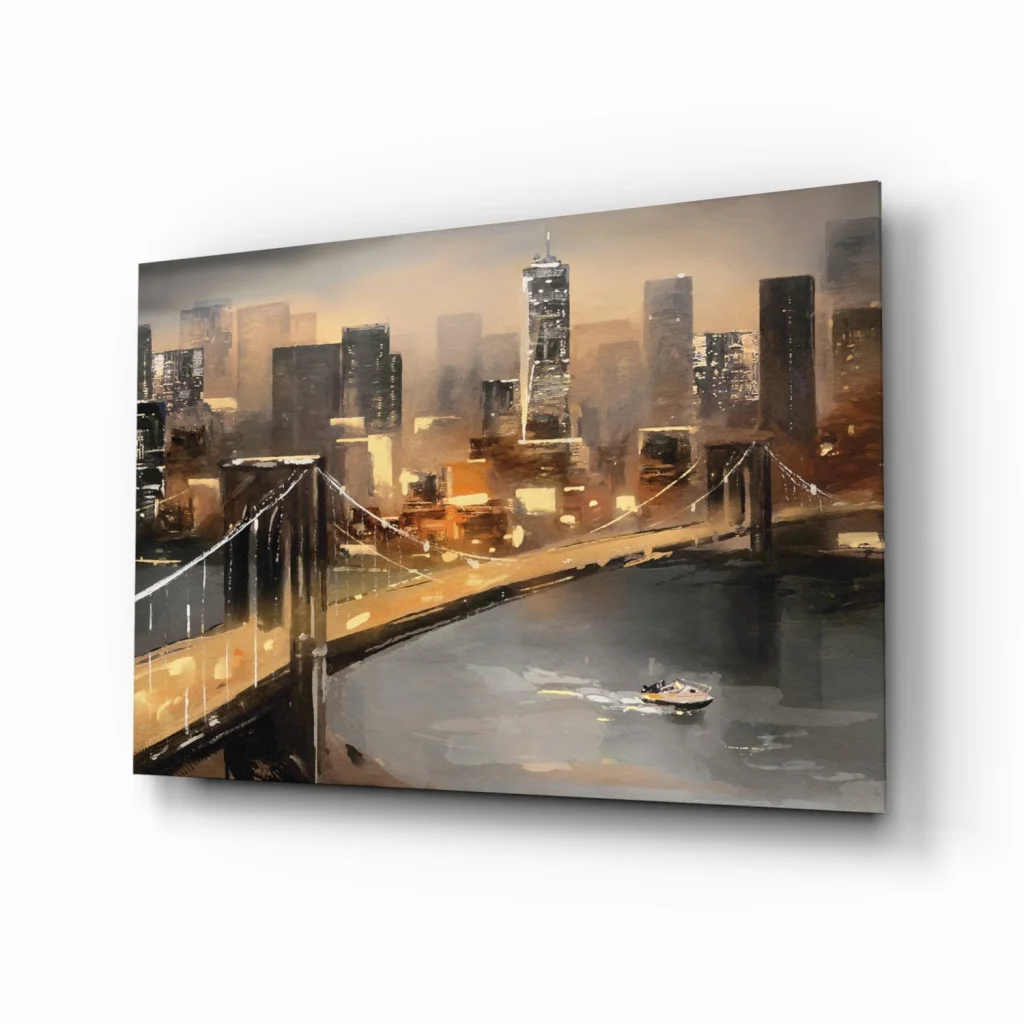Golden Cityscape Canvas Wall Art with Glowing Bridge at Dusk | Insigneart USA | vintageantiquesgifts.com