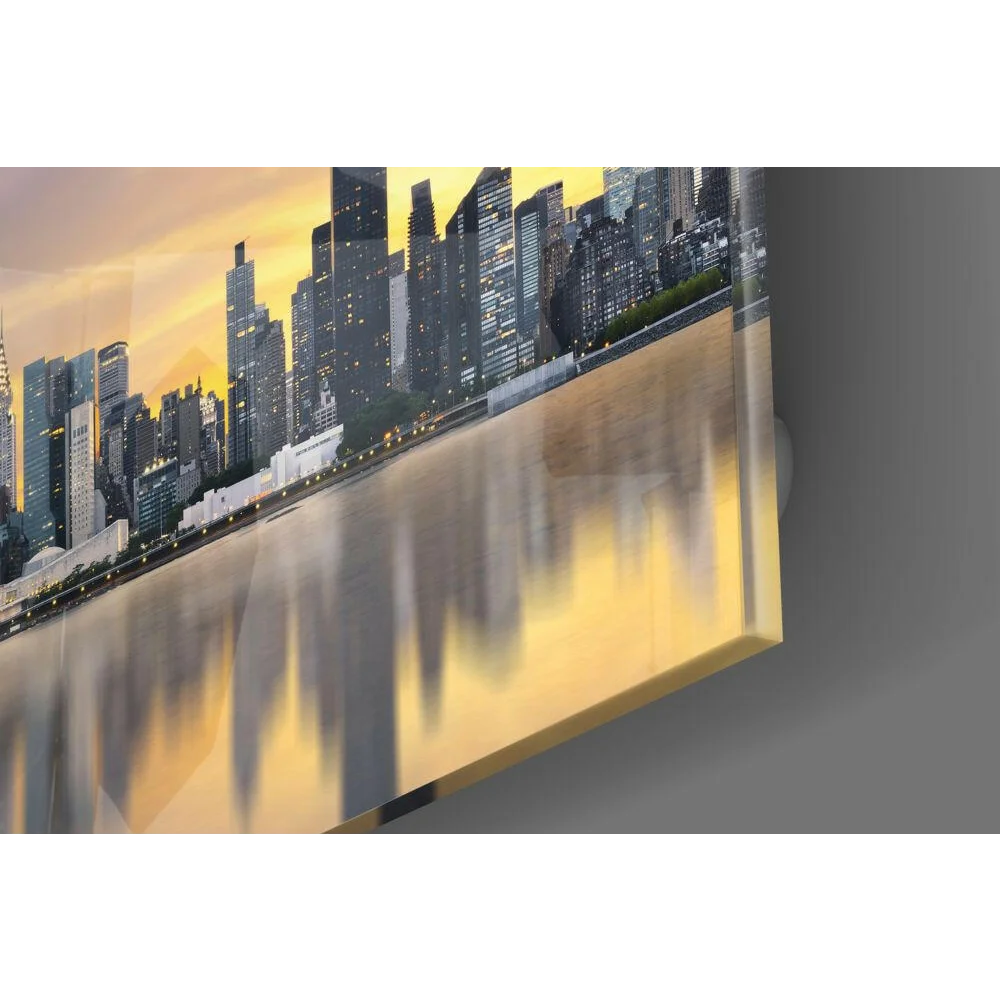 Vibrant sunset city skyline glass wall art with golden water reflections