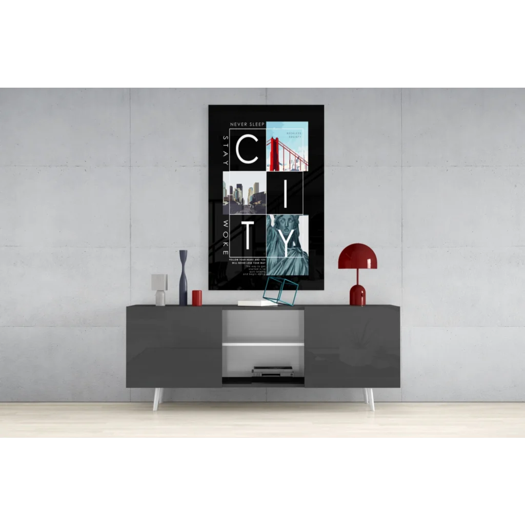 Stunning glass wall art of black-framed city poster with Statue of Liberty