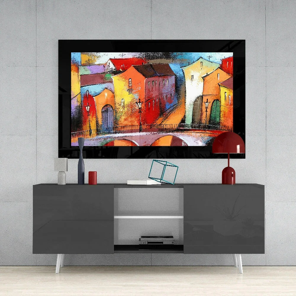 Vibrant Abstract Cityscape Glass Wall Art in Bold Colors | Contemporary Home Wall Art | vintageantiquesgifts.com