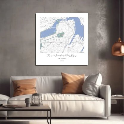 Personalized city map glass wall art with minimalist blue waterway print