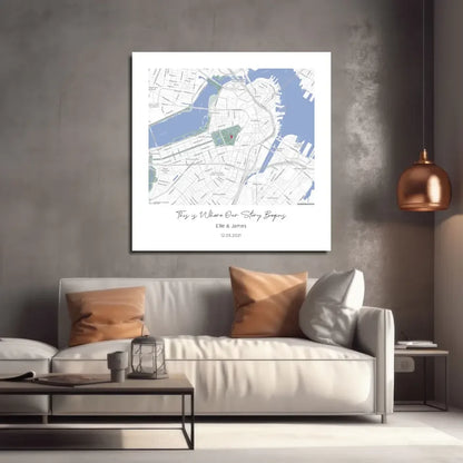 Personalized city map glass wall art with cursive story begins text